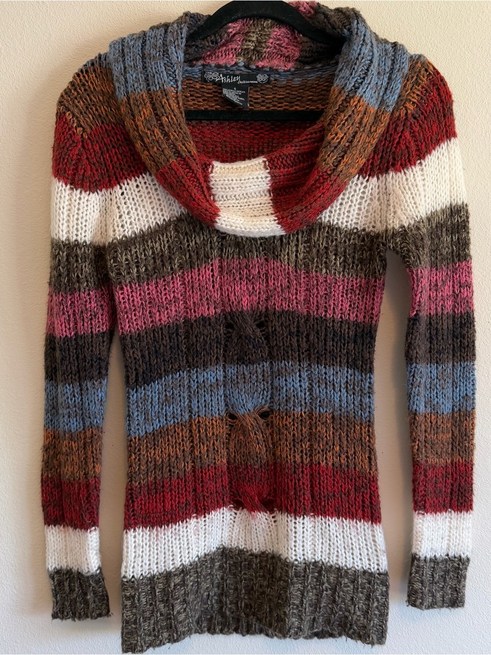 Vintage Y2K Ashley Multicolor Striped Knit Cowl Neck Tunic Sweater Size Small